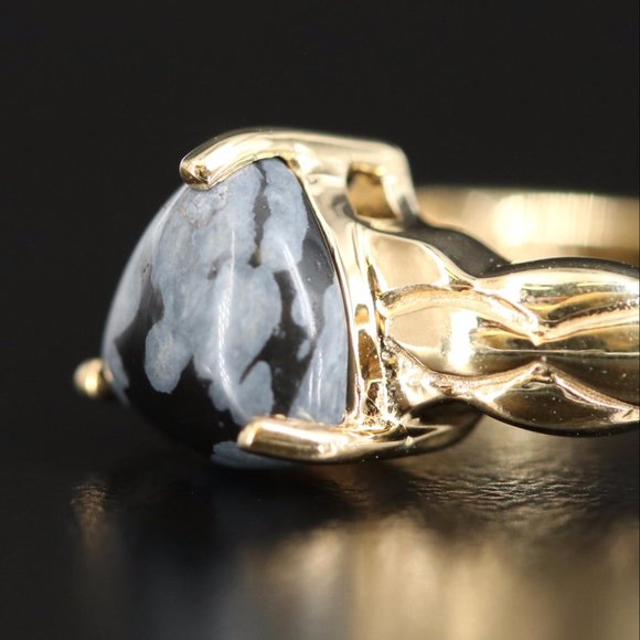 Gold Tone Sterling Silver Snowflake Obsidian Triangular Ring - Picture 4 of 8